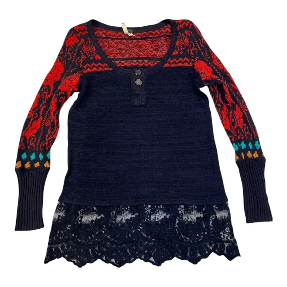 Vintage Free People We The Free Fair Isle Lace Hem Boho Sweater Tunic S